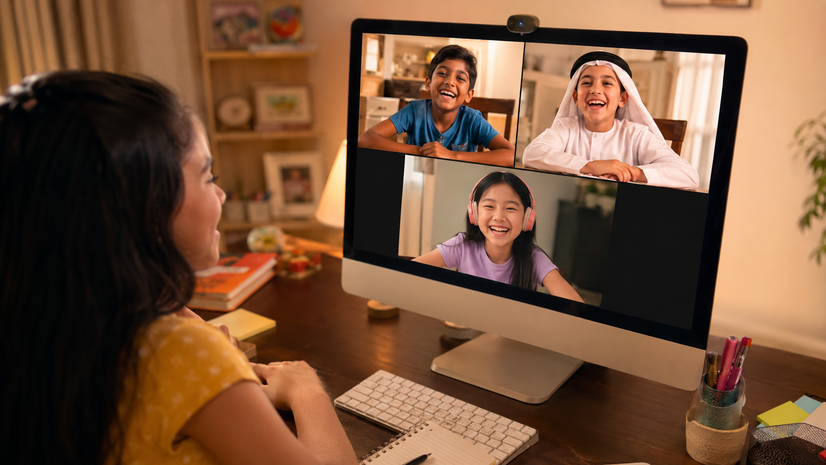 Child in a live HOSS online class with 3 kids from different countries on screen